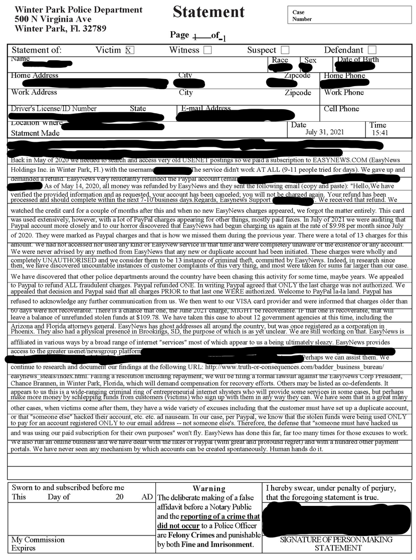 Easynews Credit Card Fraud Affidavit to Winter Park Police, Winter Park, Florida